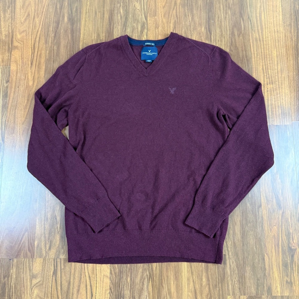 American Eagle Mens Small Seriously Soft V-Neck Sweater Burgundy Maroon Cotton